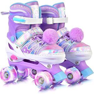 Kids Purple Rainbow Adjustable Light Up Roller Skates With Fluffy Pom Poms